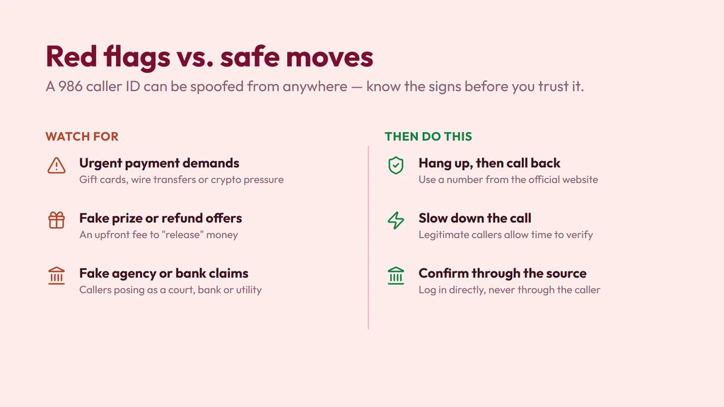 How a 986 caller ID gets spoofed — a call dialed from anywhere can show a familiar local Idaho number; watch for urgent payment demands, prize or refund claims and fake agency calls, and verify by calling the company back on a number you trust