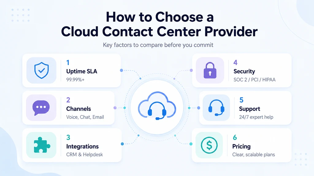 How to choose a cloud contact center provider — uptime SLA, channel coverage, integrations, security and pricing