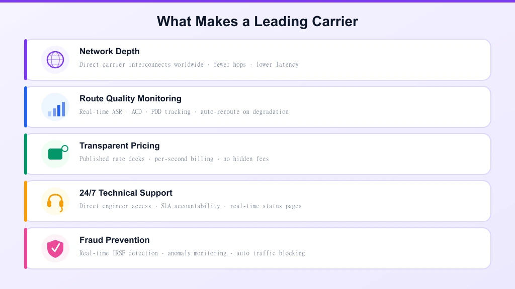 5 qualities of a leading VoIP wholesale carrier — network depth, route quality, pricing, support, fraud prevention