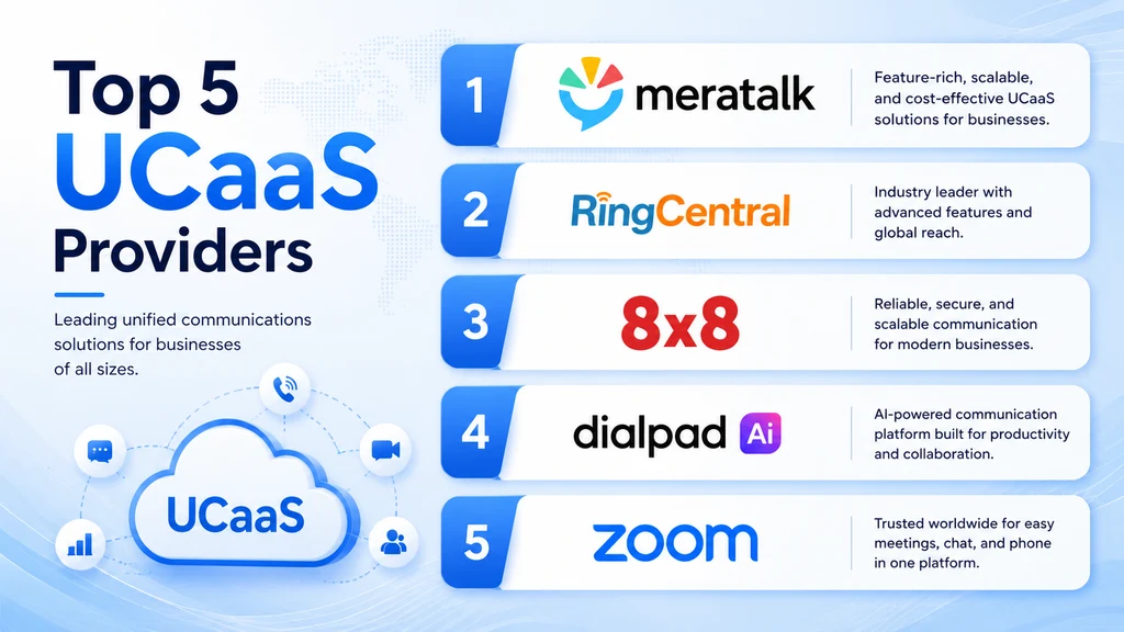 Top 5 UCaaS providers ranking — MeraTalk, RingCentral, Microsoft Teams Phone, 8x8 XCaaS and Zoom Phone