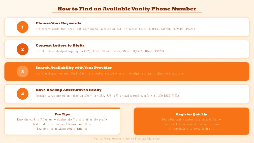 Four-step flow for finding a vanity number — choose keywords, convert to digits, search availability, have backup alternatives
