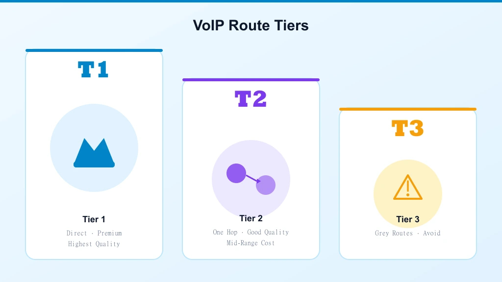 Stepped tier diagram comparing T1, T2 and T3 Wholesale VoIP routes by quality and cost