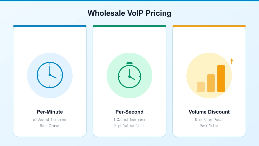 Three pricing models for Wholesale VoIP — per-minute, per-second, and volume discount